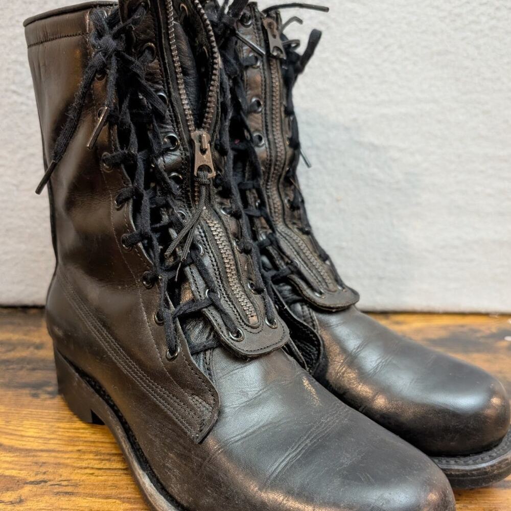 VTG Military Boots Mens Size 8 D Black Leather Firefighter Biker Zip Toe